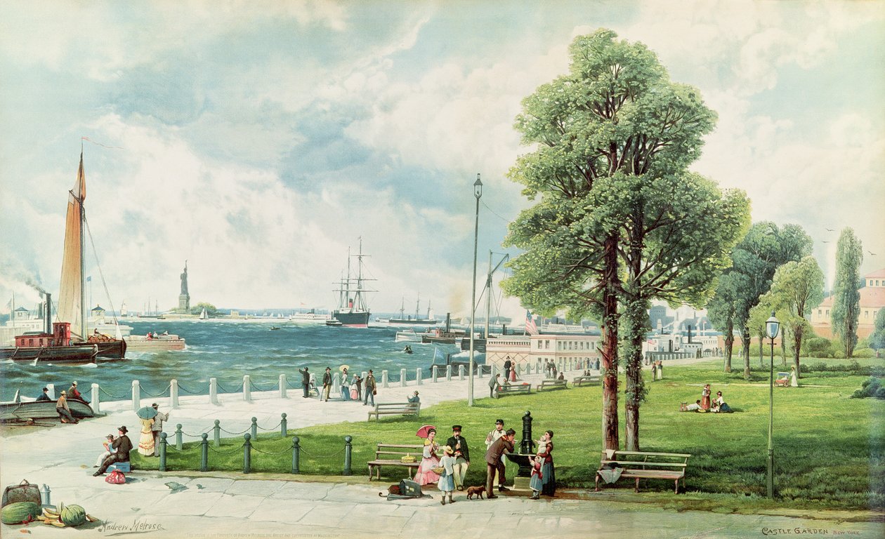 Castle Garden (Udsigt over Battery Park fra South Ferry til Castle Garden) ca. 1886 (præget litho) af Andrew Melrose