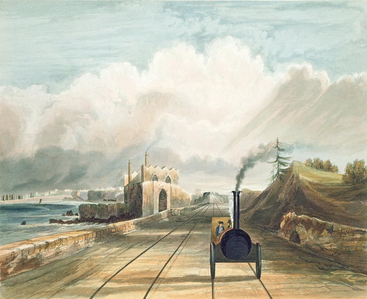 Dublin og Kingstown Railway: Fra gangbroen ved Sea Point Hotel, ser mod Salt Hill, Kingstown Havn i det fjerne, indgraveret af J. Harris, 1834 af Andrew Nicholl