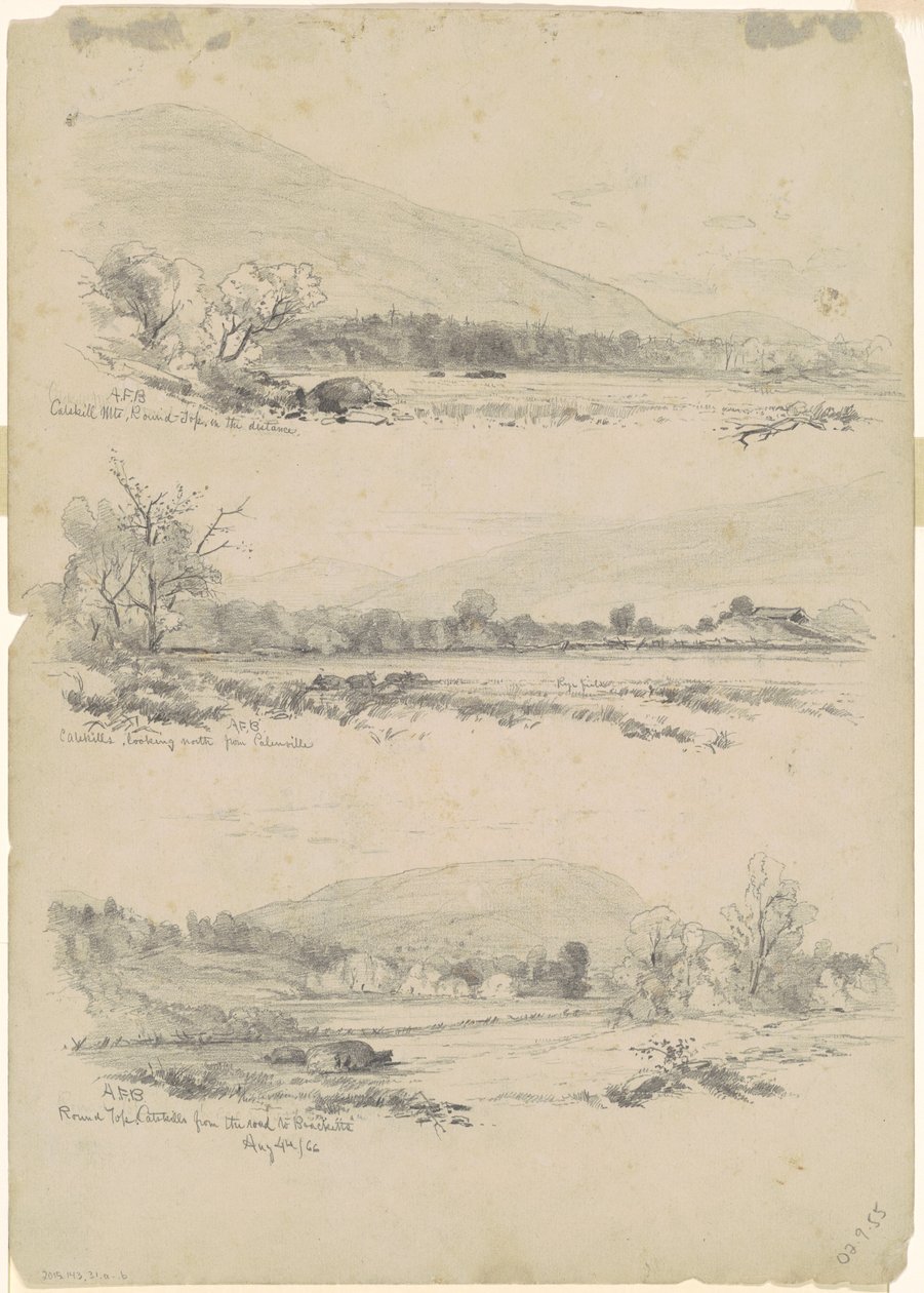 Catskill Mountains, Round-Top i det fjerne; Catskills ser mod nord fra Palenville; og Round Top, Catskills, fra vejen til Bracketts [verso] af Andrew Fisher Bunner