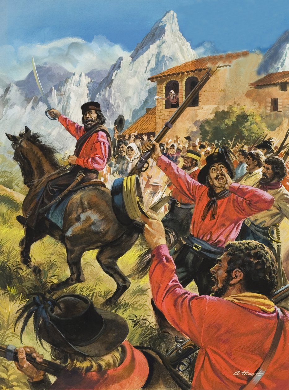 Guiseppe Garibaldi (1807-82) og hans hær i kamp med de neopolitanske kongelige tropper (gouache på papir) af Andrew Howat