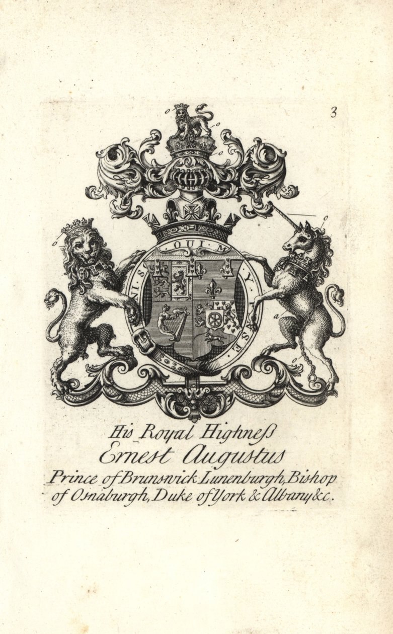 Våbenskjold og våbenskjold af HKH Ernest Augustus, prins af Brunswick Luneburg, biskop af Osnaburgh, hertug af York og Albany af Andrew Johnston