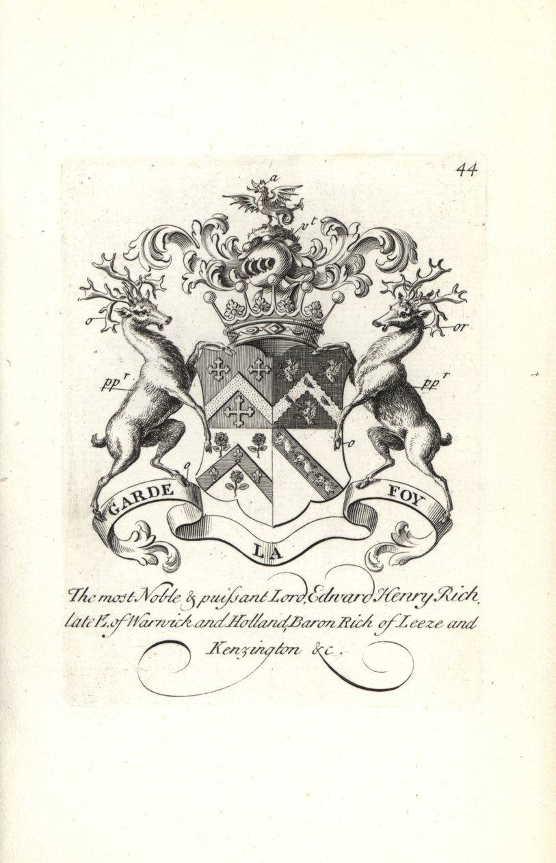 Våbenskjold og våbenskjold af Lord Edward Henry Rich, 7. jarl af Warwick og Holland, Baron RIch af Leeze og Kensington af Andrew Johnston