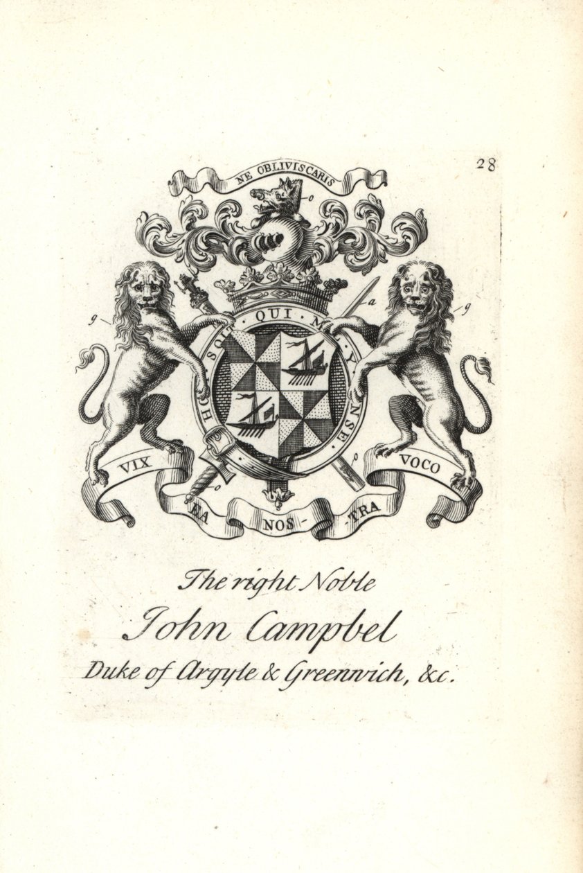 Våbenskjold og våbenskjold af den højre adelige John Campbell, 2. hertug af Argyll og Greenwich, af Andrew Johnston