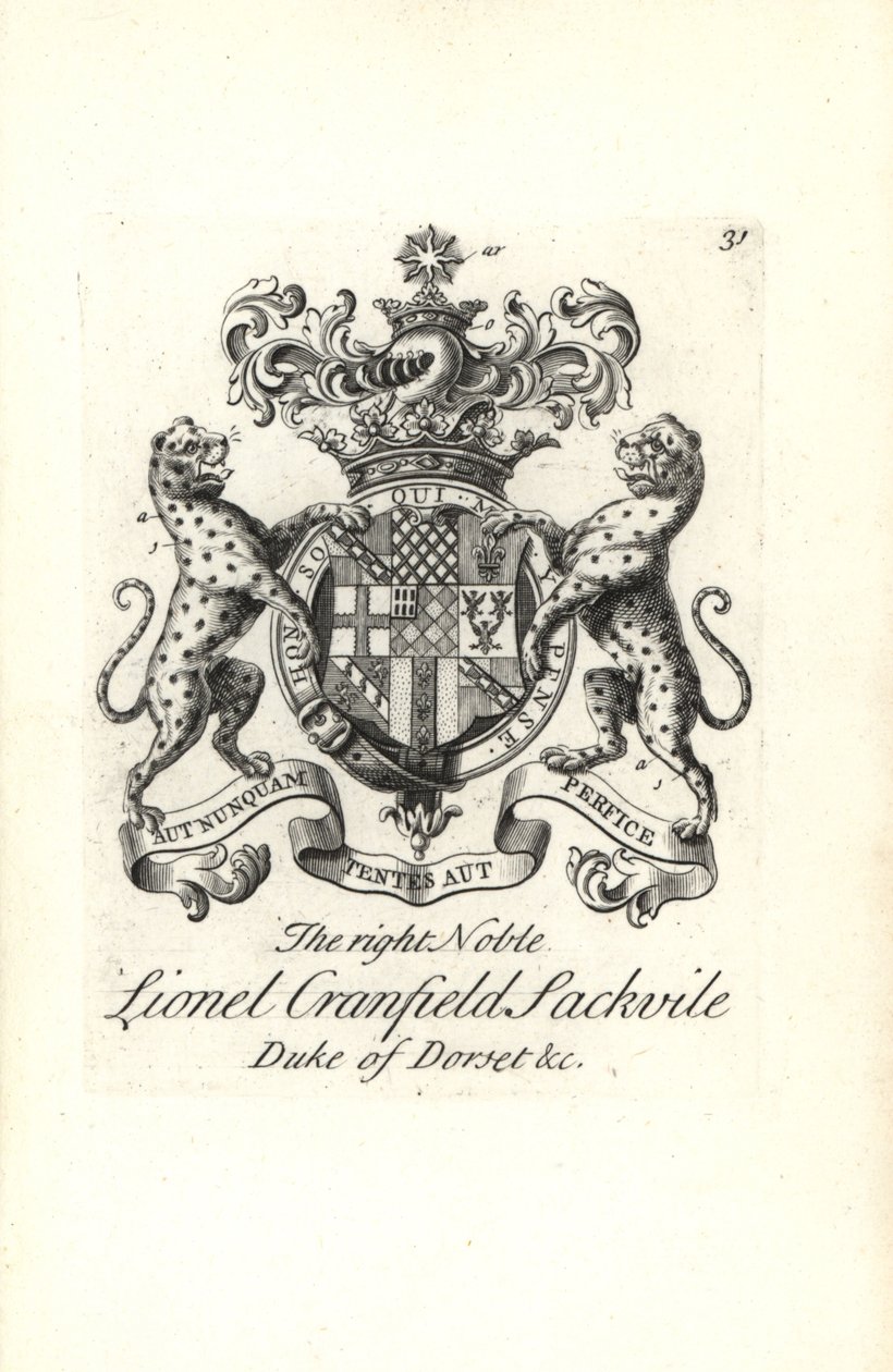 Våbenskjold og våbenskjold af den højre adelige Lionel Cranfield Sackville, hertug af Dorset af Andrew Johnston