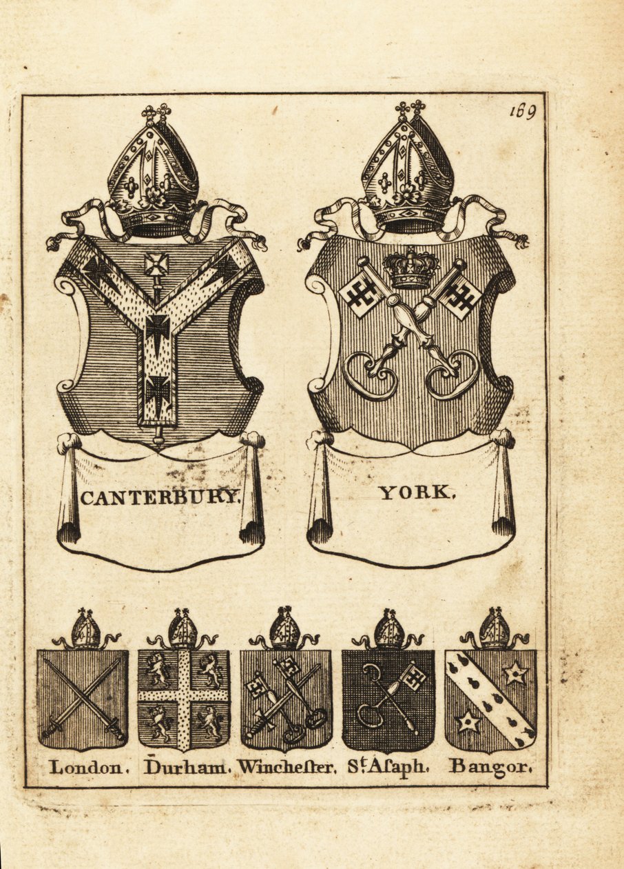 Våbenskjold fra biskopperne af Canterbury, York, London, Durham, Winchester, St af Andrew Johnston