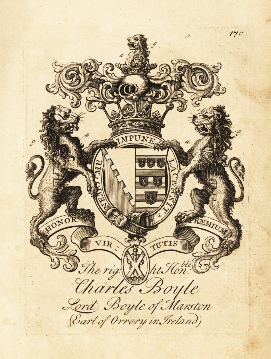 Våbenskjold af den højre ærede Charles Boyle, Lord Boyle af Marston, 4. jarl af Orrery i Irland af Andrew Johnston