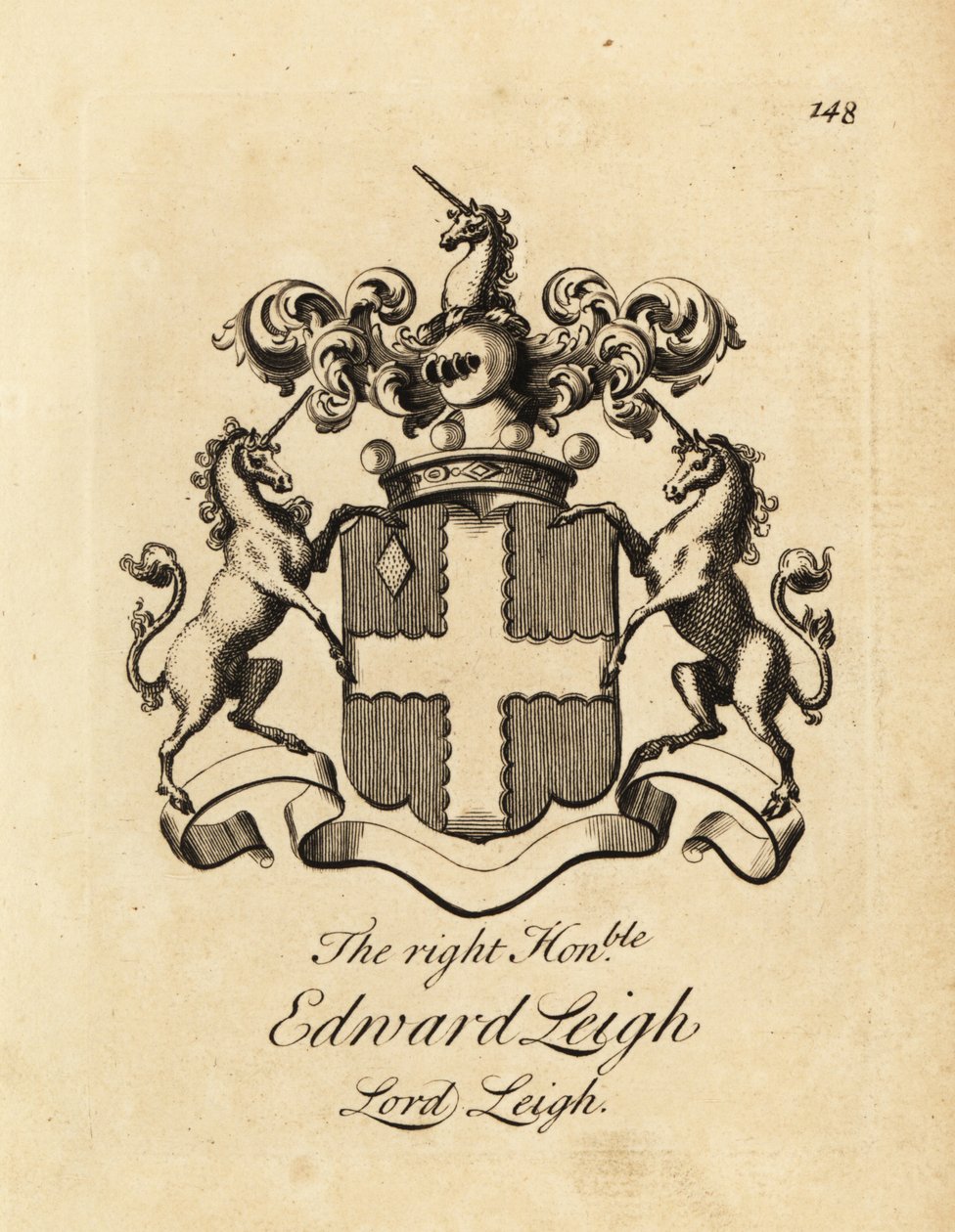Våbenskjold af den højre ærede Edward Leigh, Lord Leigh, 3. Baron Leigh af Andrew Johnston