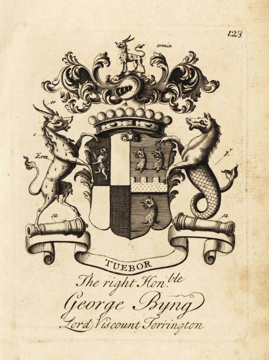 Våbenskjold af den højre ærede George Byng, Lord 1. Viscount Torrington, af Andrew Johnston