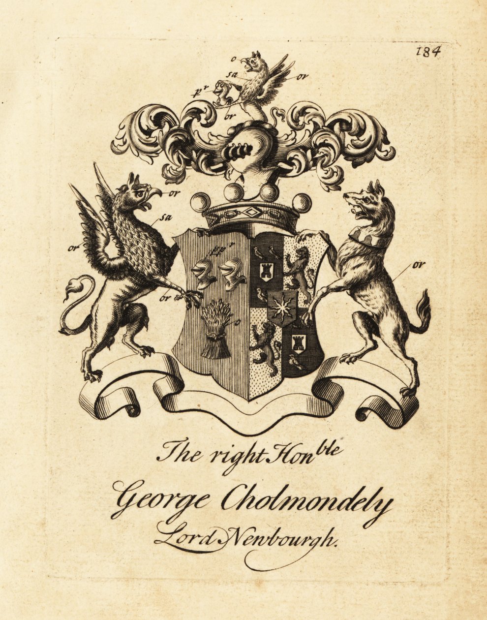 Våbenskjold for den højre ærede George Cholmondely, Lord Newbourgh, 2. jarl af Cholmondeley af Andrew Johnston