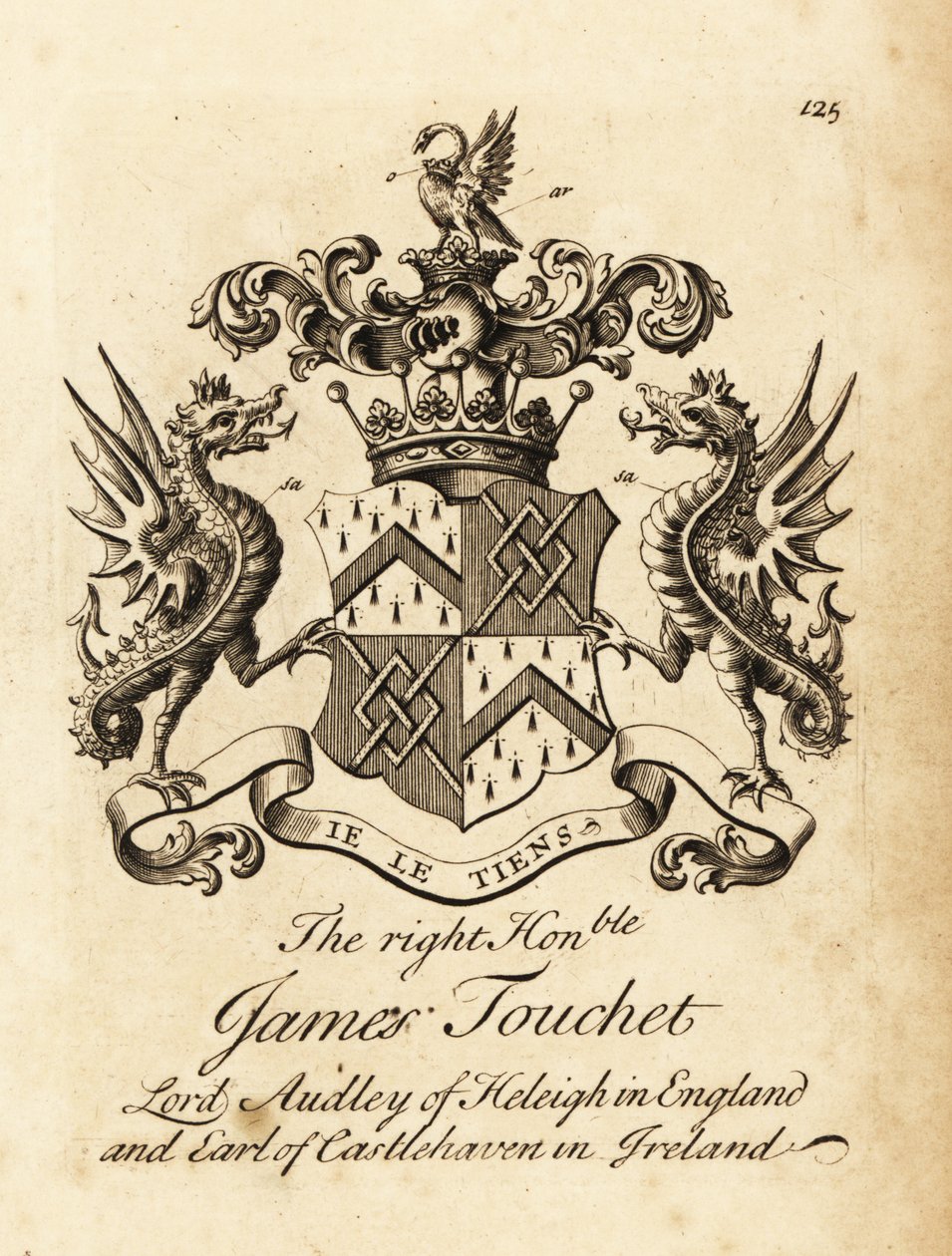 Våbenskjold fra den ærede James Touchet, Lord Audley af Heleigh i England, 6. jarl af Castlehaven i Irland, død 1740 af Andrew Johnston