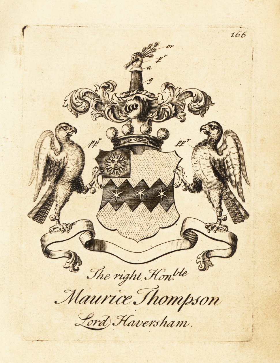 Våbenskjold af den højre ærede Maurice Thompson, Lord Haversham, 2. Baron Haversham af Andrew Johnston