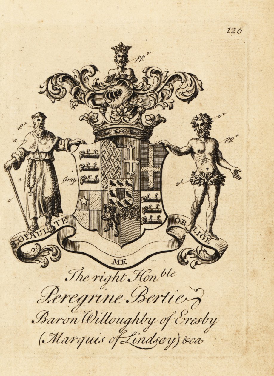Våbenskjold af den højre ærede Peregrine Bertie, Baron Willoughby af Eresby, markis af Lindsay, 2. hertug af Ancaster og Kesteven af Andrew Johnston