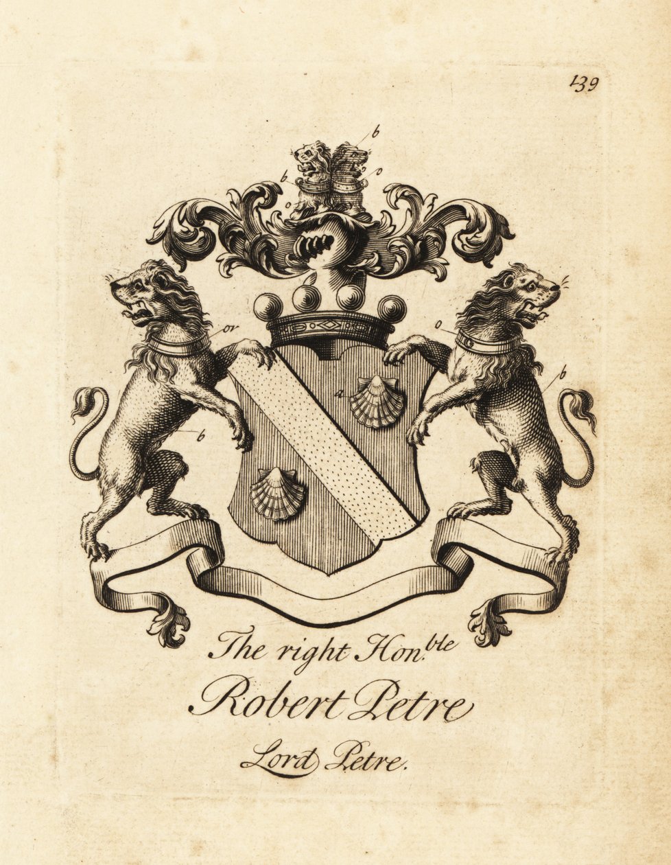 Våbenskjold af den højre ærede Robert Petre, Lord Petre, 8. Baron Petre af Andrew Johnston