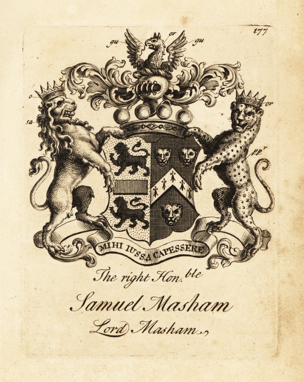 Våbenskjold af den højre ærede Samuel Masham, Lord Masham af Andrew Johnston