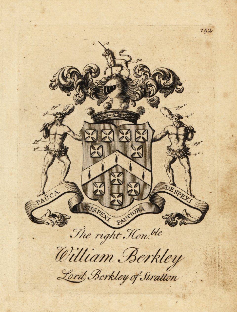 Våbenskjold fra den højre ærede William Berkley, Lord Berkley af Stratton, 4. baron Berkeley af Stratton, død 1741 af Andrew Johnston