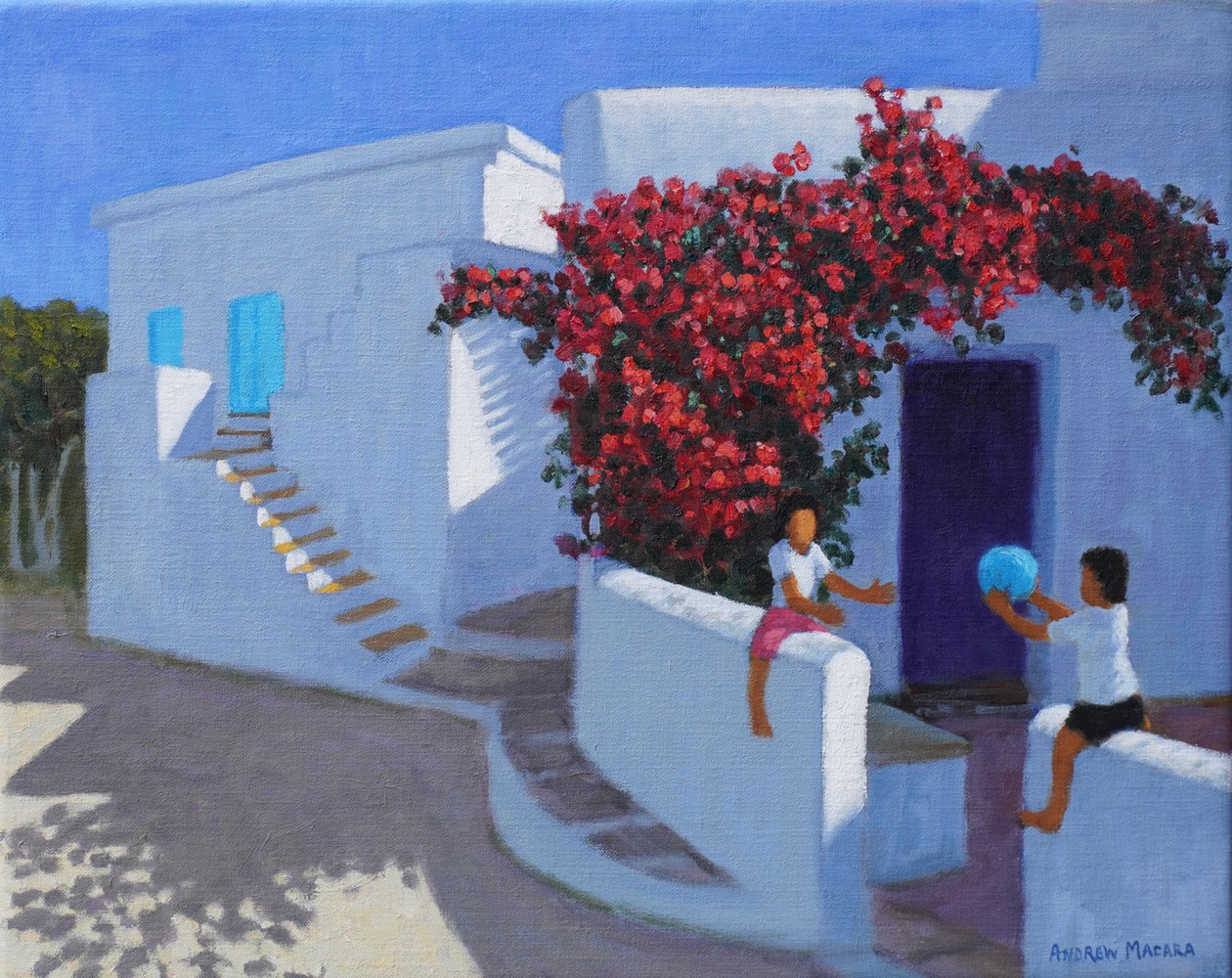Boldspil, Samos, Grækenland, 2022 (olie på lærred) af Andrew Macara