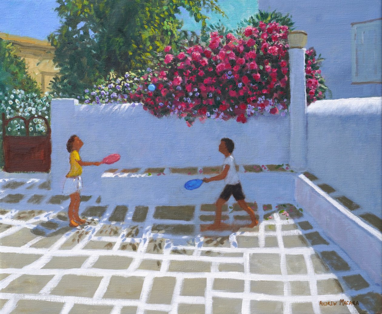 Flagermus og bold, Milos, 2023 (olie på lærred) af Andrew Macara