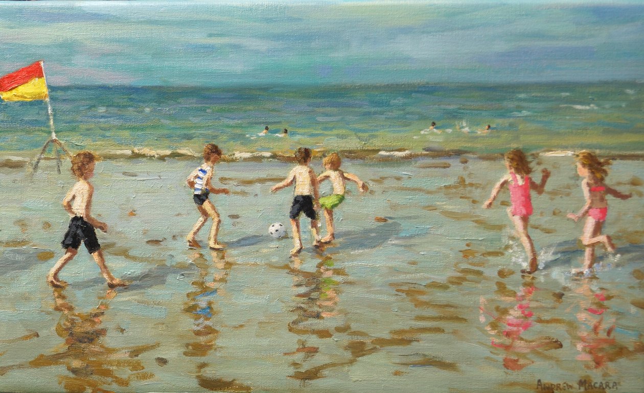 Strandfodbold, Sheringham, 2018 (olie på lærred) af Andrew Macara
