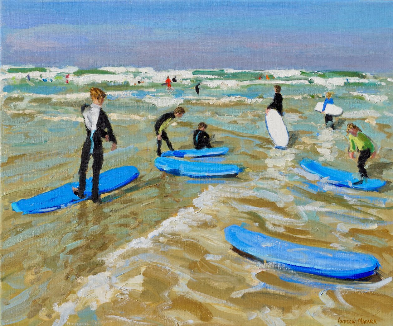 Blå surfbrætter, Bude. 20x24",2019,(olie på lærred) af Andrew Macara