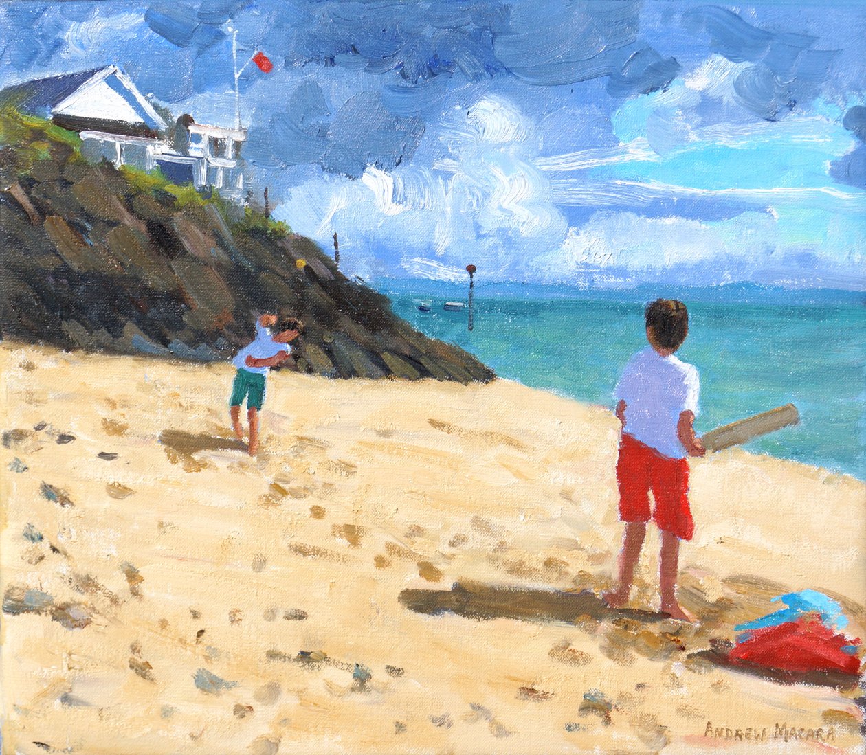 Bowling og batting, Abersoch, 2015, af Andrew Macara