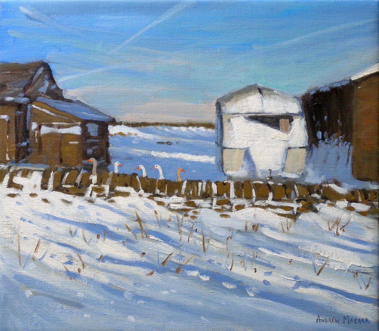 Caravan and Geese, Derbyshire, 2011 (olie på lærred) af Andrew Macara