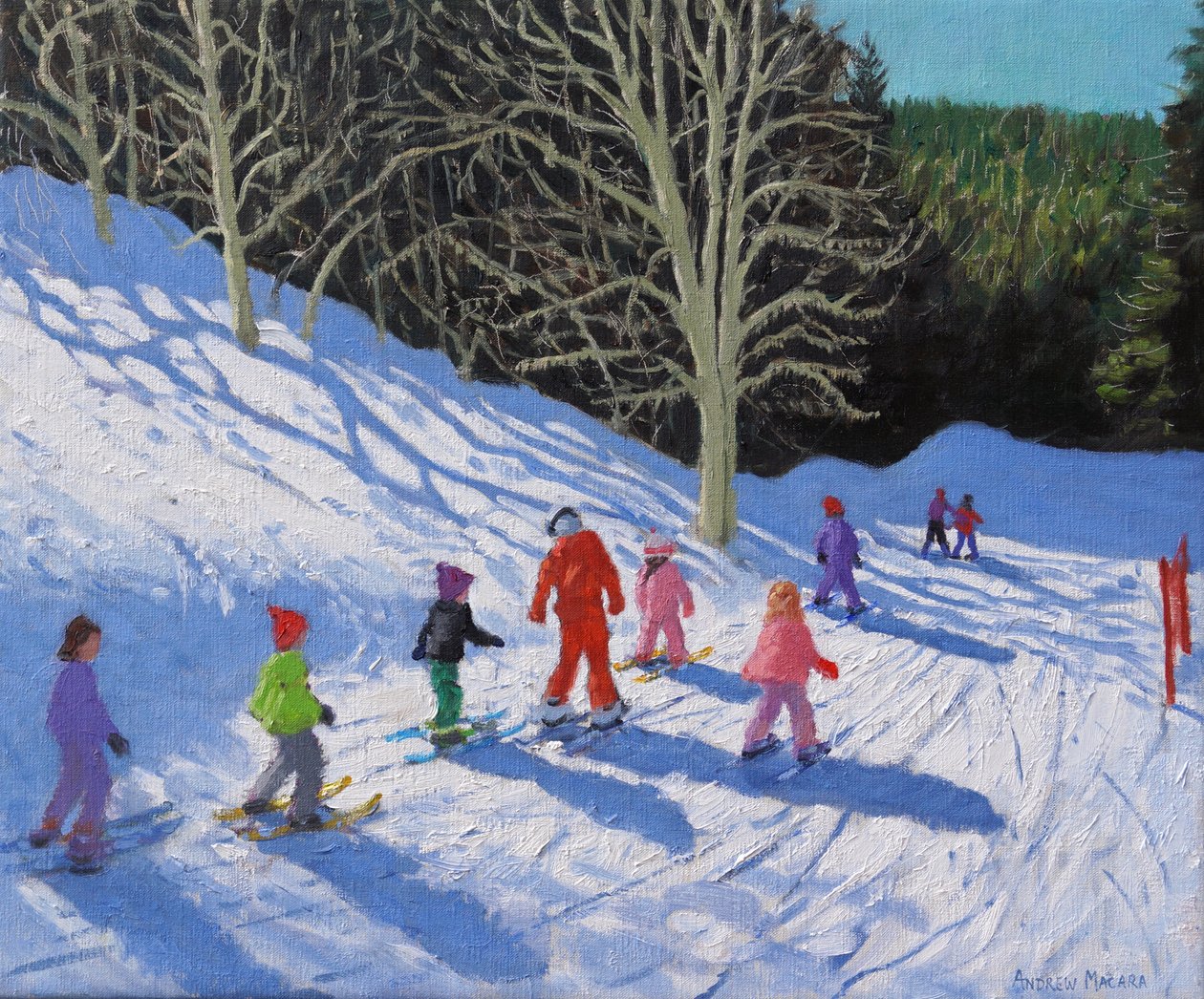 Børneskitime, Courchevel til La Tania, 20"x24", 2019 (olie på lærred). af Andrew Macara