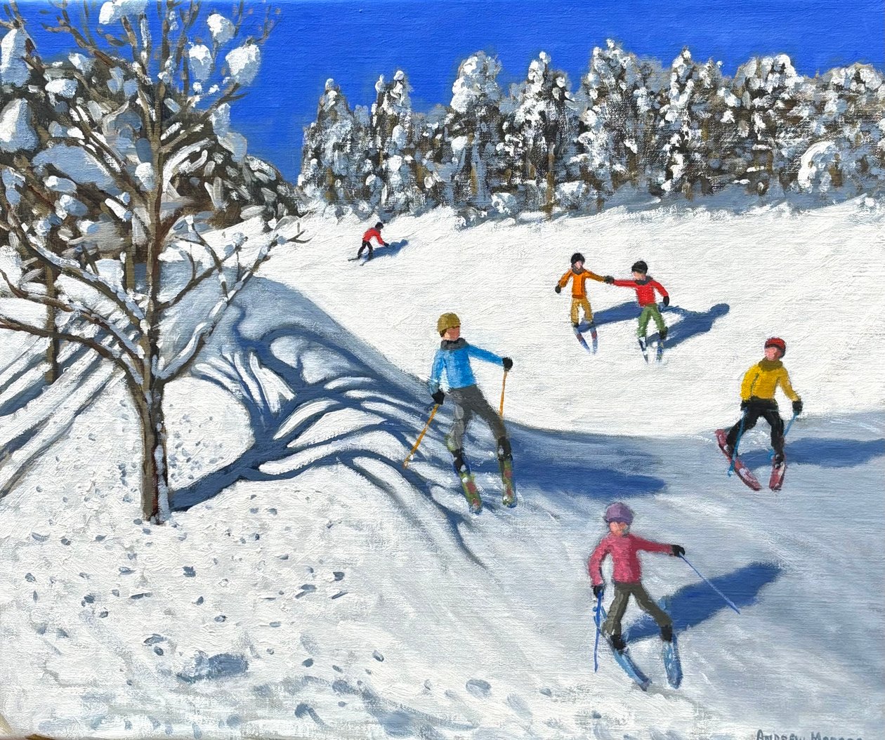 Juleskiløb i Les Arcs (oliemaleri) af Andrew Macara