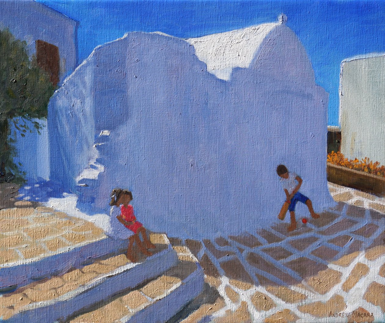 Grille ved kirkemuren,Mykonos ( olie på lærred) af Andrew Macara