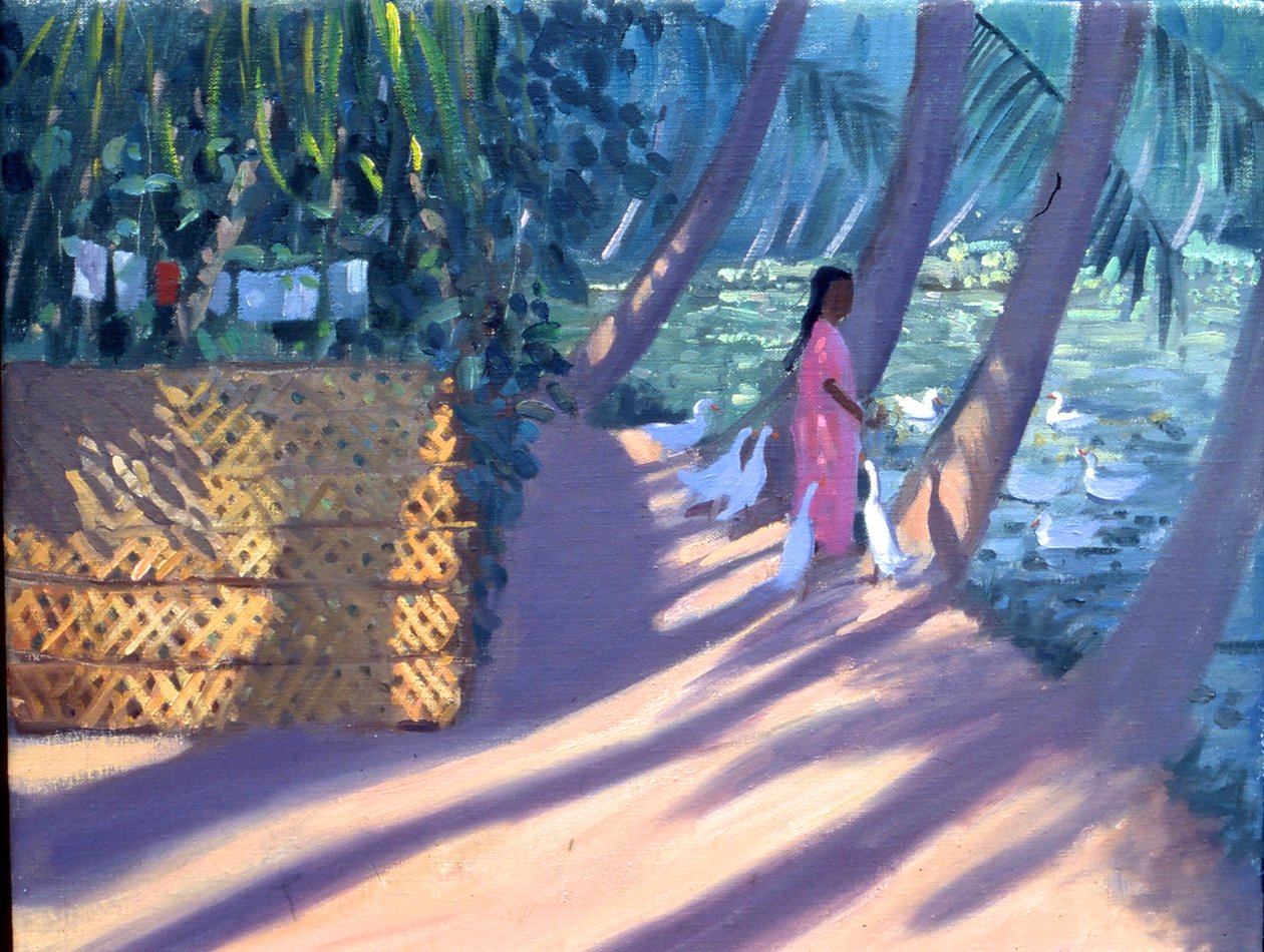 Fodring af ænder, Kerala, Indien (olie på lærred) af Andrew Macara