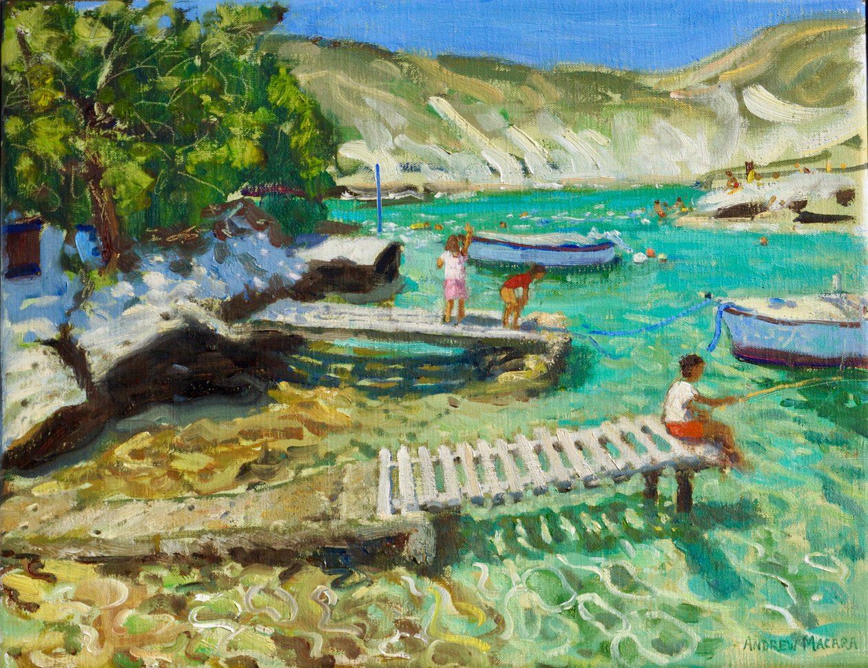 Fiskeri fra anløbsbroen, Milos, Grækenland, 2018-2019 (olie på lærred) af Andrew Macara