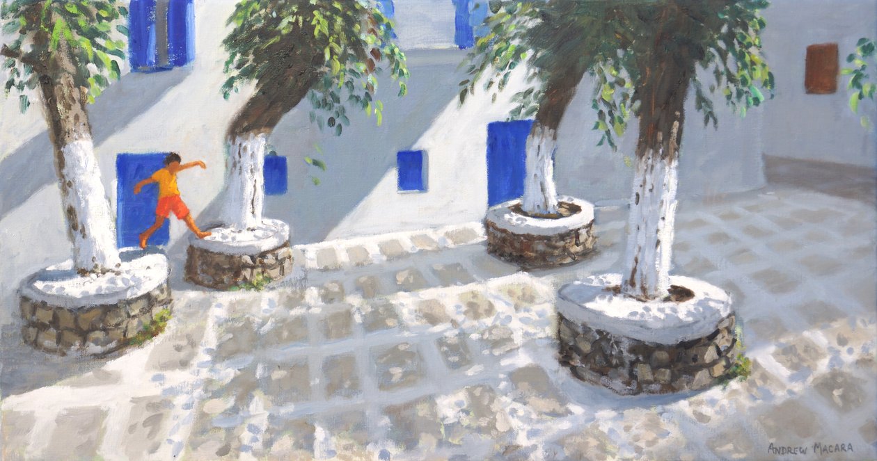 Fire træer, Mykonos by, 2022 (olie på lærred) af Andrew Macara