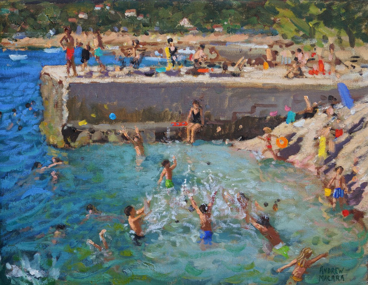 Sjov i havet, Rovinj, Kroatien, 2016, (olie på lærred) af Andrew Macara