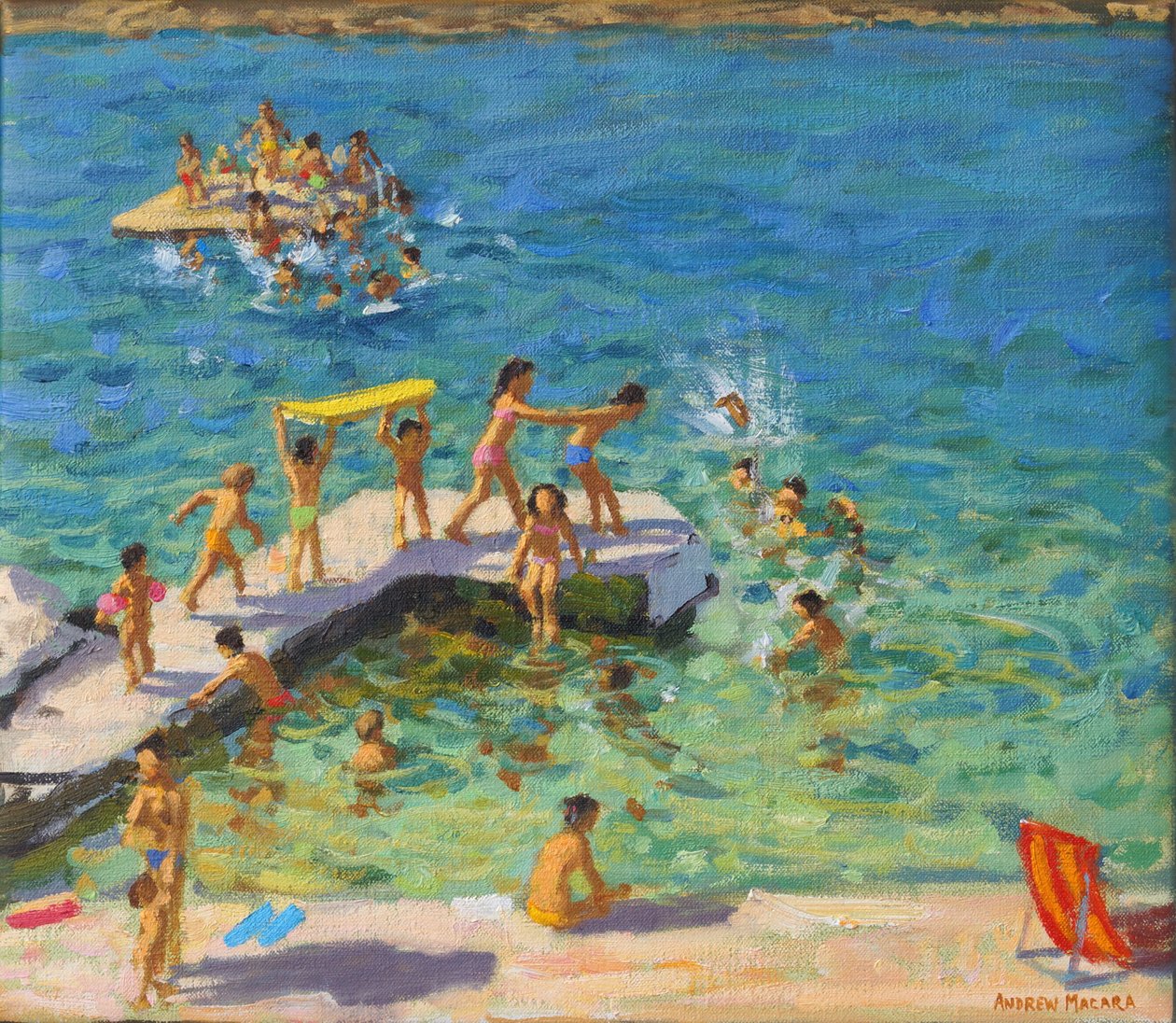 Sjov i havet, Rovinj, Kroatien, 2019 (olie på lærred) af Andrew Macara