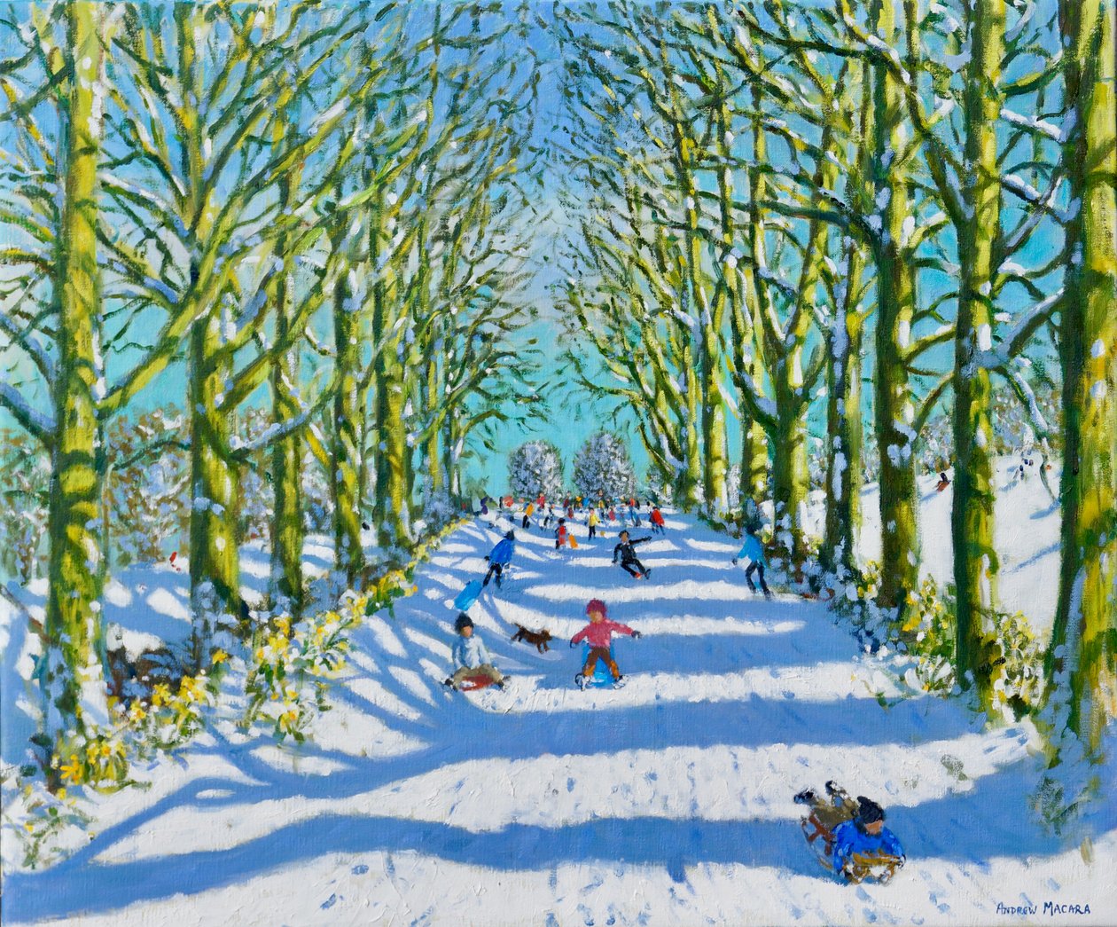 Sjov i solen og sneen, Derby, 2022 (olie på lærred) af Andrew Macara