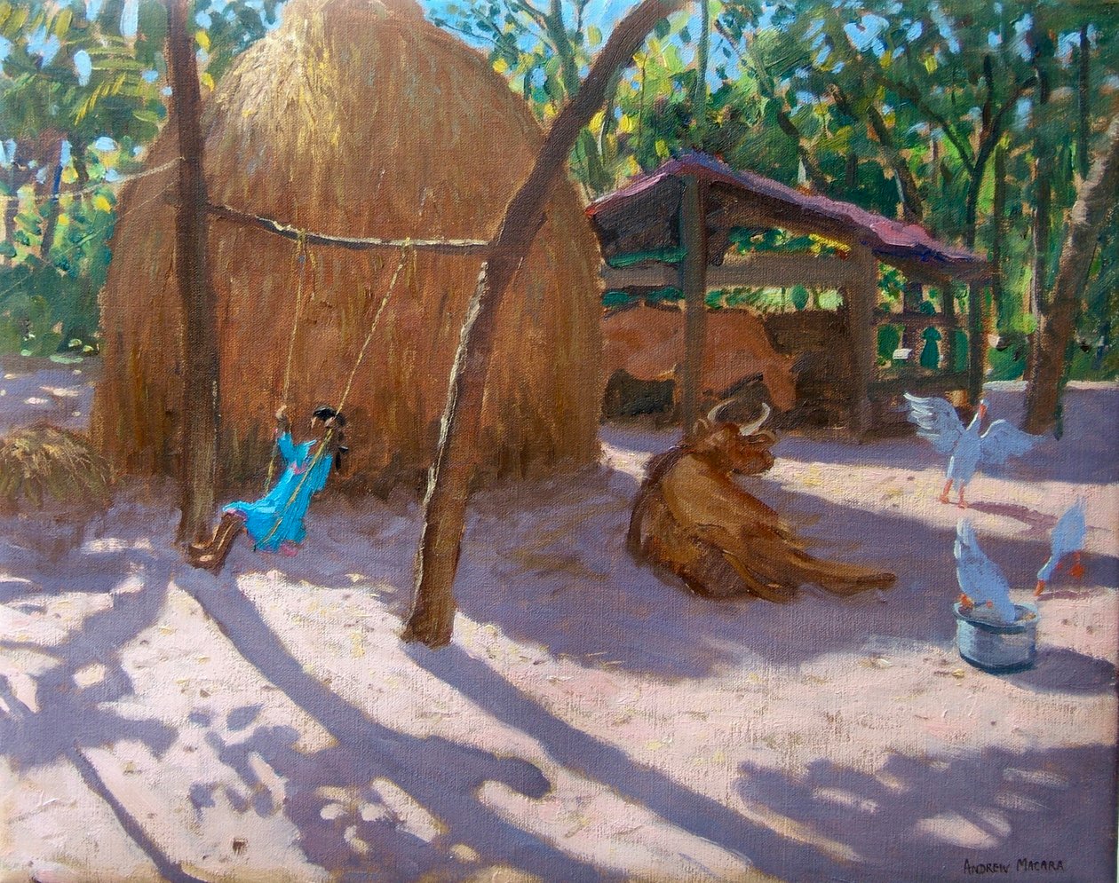 Høstak og pige på gynge, Kerala (olie på lærred) af Andrew Macara