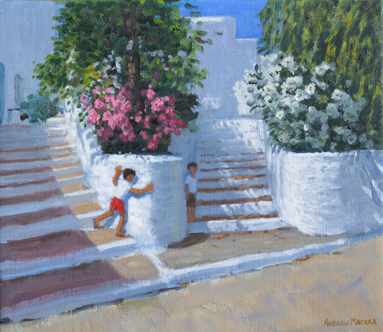 Skjul og søg, Adamas, Milos, Grækenland, 2023 (olie på lærred) af Andrew Macara