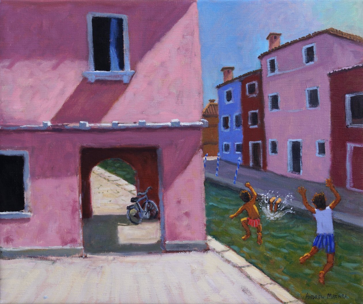 Hoppe ind i kanalen, Murano, Venedig, 2021 (olie på lærred) af Andrew Macara
