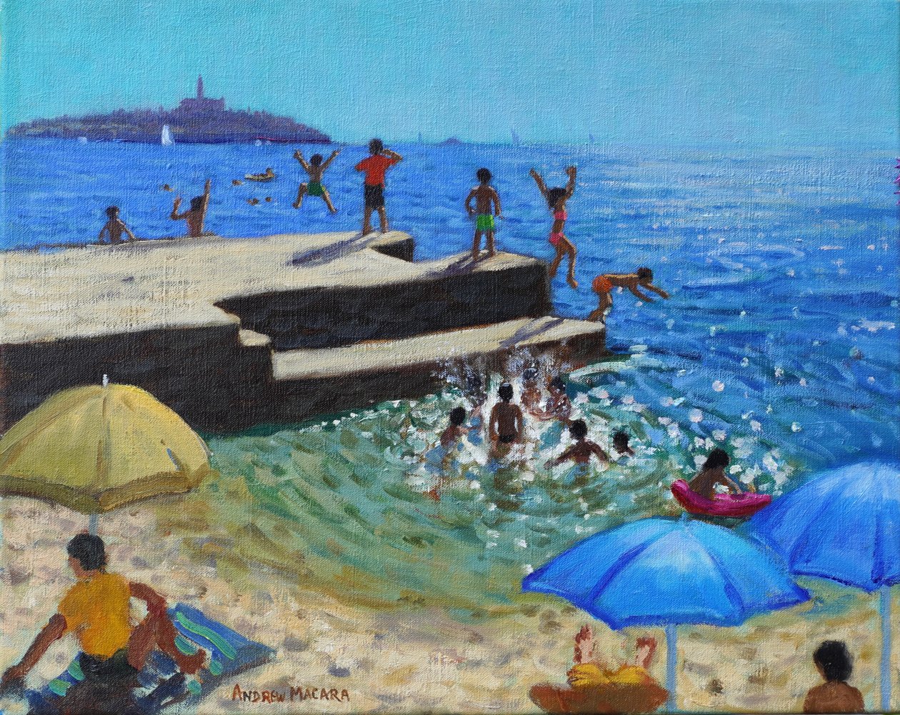 Springe i havet, Rovinj, Kroatien, 2024 (olie på lærred) af Andrew Macara