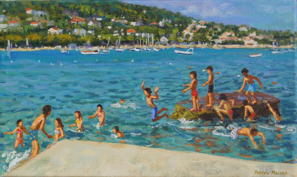 Hoppe fra klipperne; Cinque Terre, Positano, Italien, 2000 (olie på lærred) af Andrew Macara
