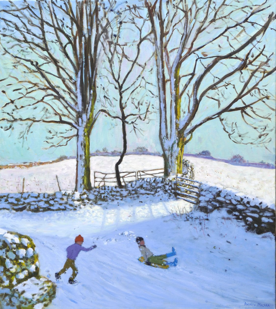 Store træer og slædekørere, Derbyshire, 2023 (olie på lærred) af Andrew Macara