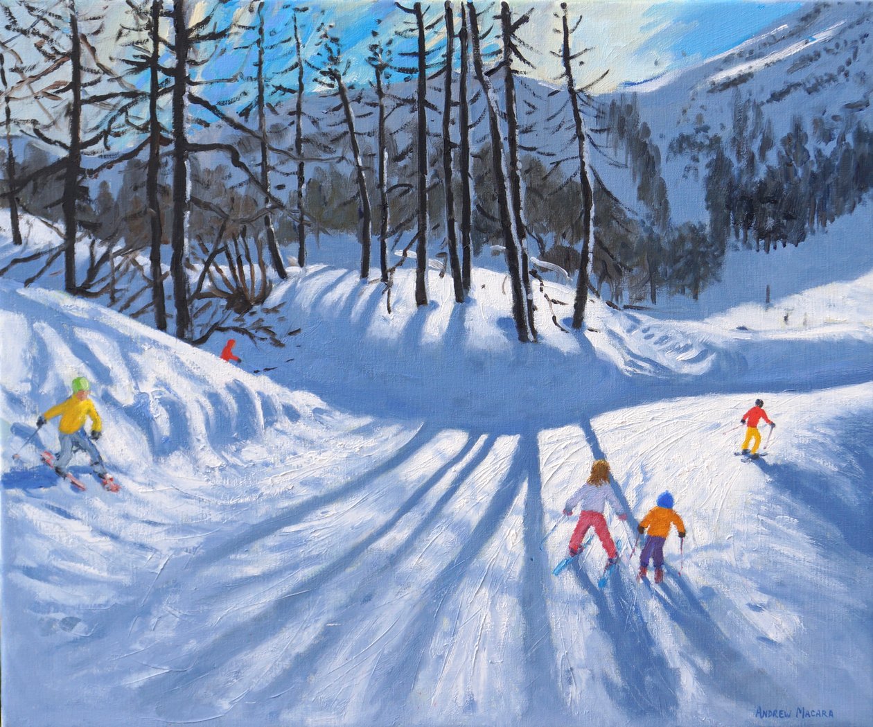 Lange træskygger og skiløbere, Tignes, 2016-2019, (olie på lærred) af Andrew Macara