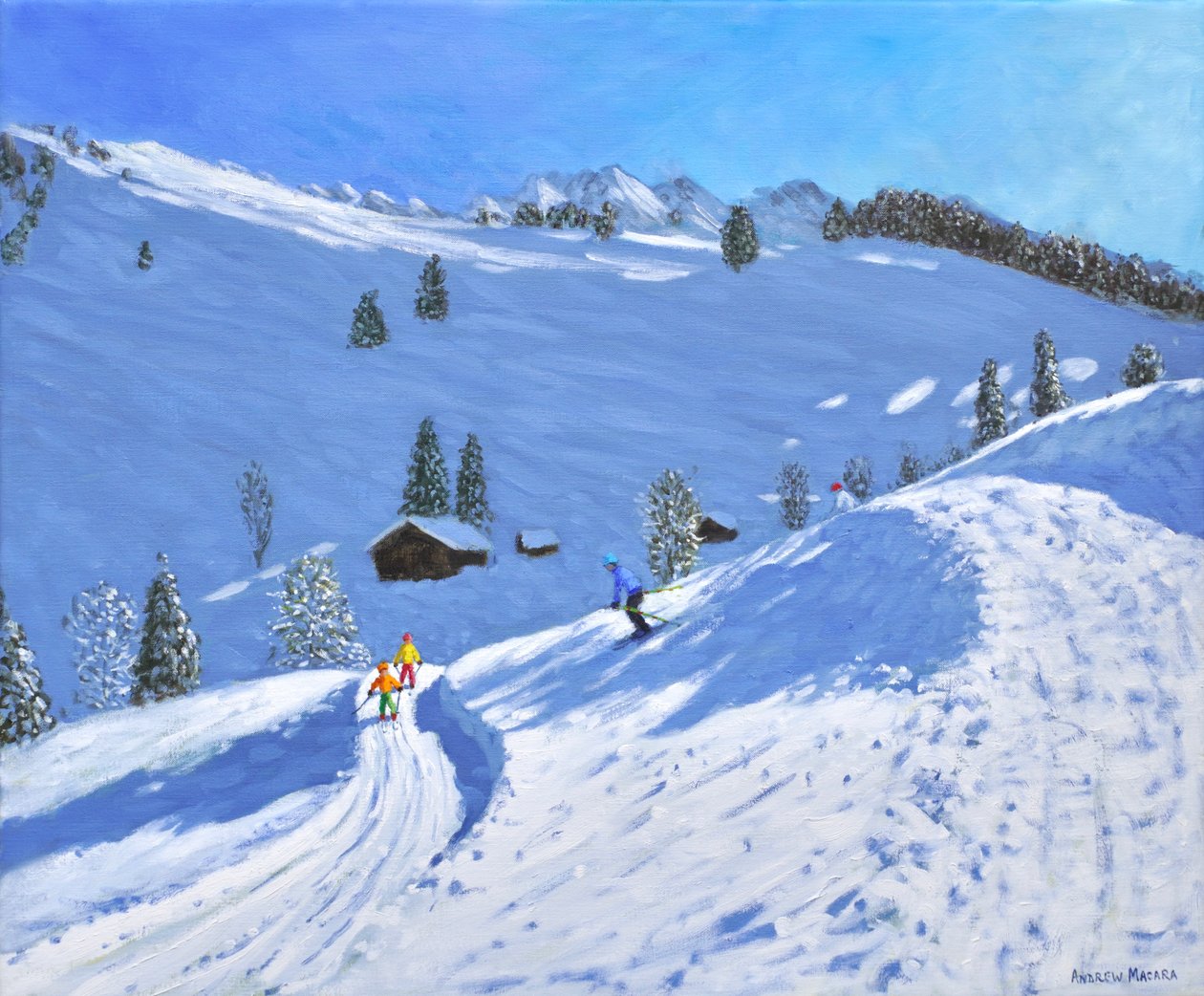 Morning Ski, La Clusaz, Frankrig, 2018 (olie på lærred) af Andrew Macara
