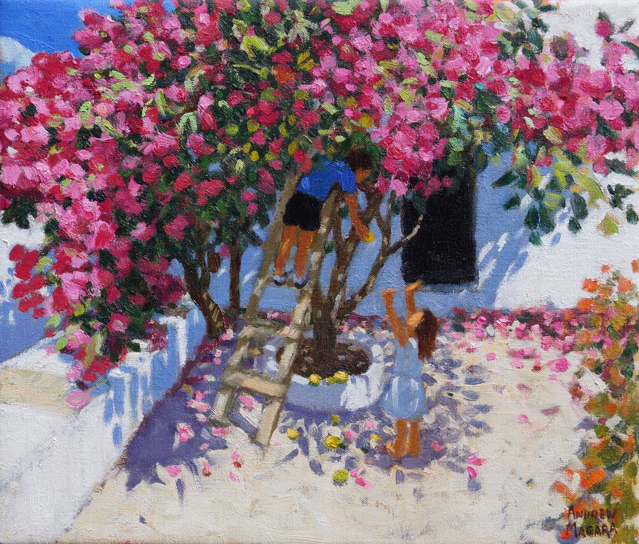 Plukke citroner, Skiathos, Grækenland, 2021, (olie på lærred) af Andrew Macara