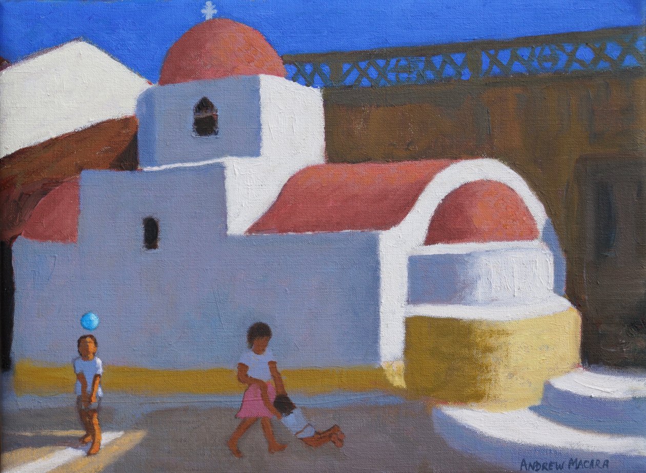 At spille ved kirken, Karpathos, græske øer, (olie på lærred) af Andrew Macara
