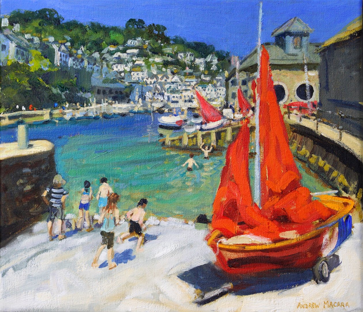 Playing in the harbour, Looe, Cornwall, 2012 (olie på lærred) af Andrew Macara