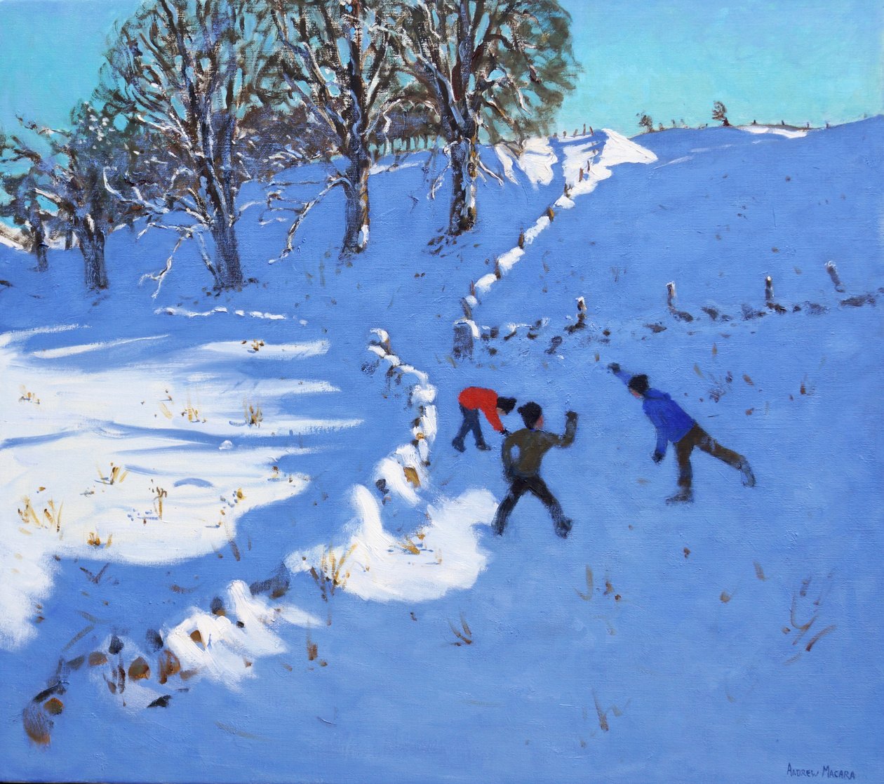Leger i sneen Youlgrave, Derbyshire, 2016, (olie på lærred) af Andrew Macara