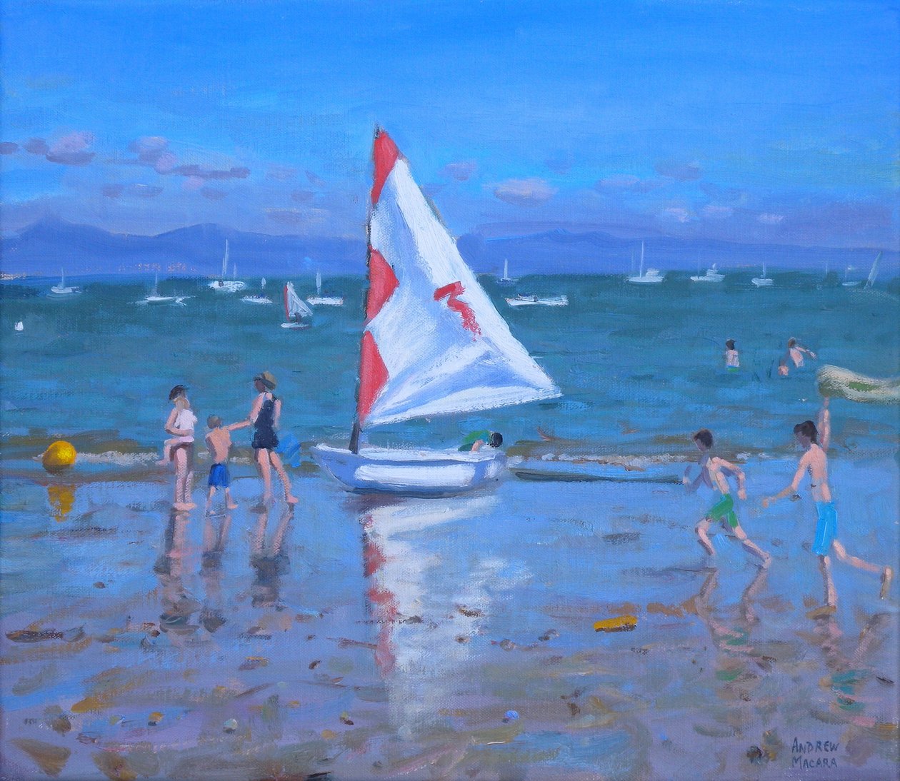 Rød og hvid sejlbåd, Abersoch (olie på lærred) af Andrew Macara