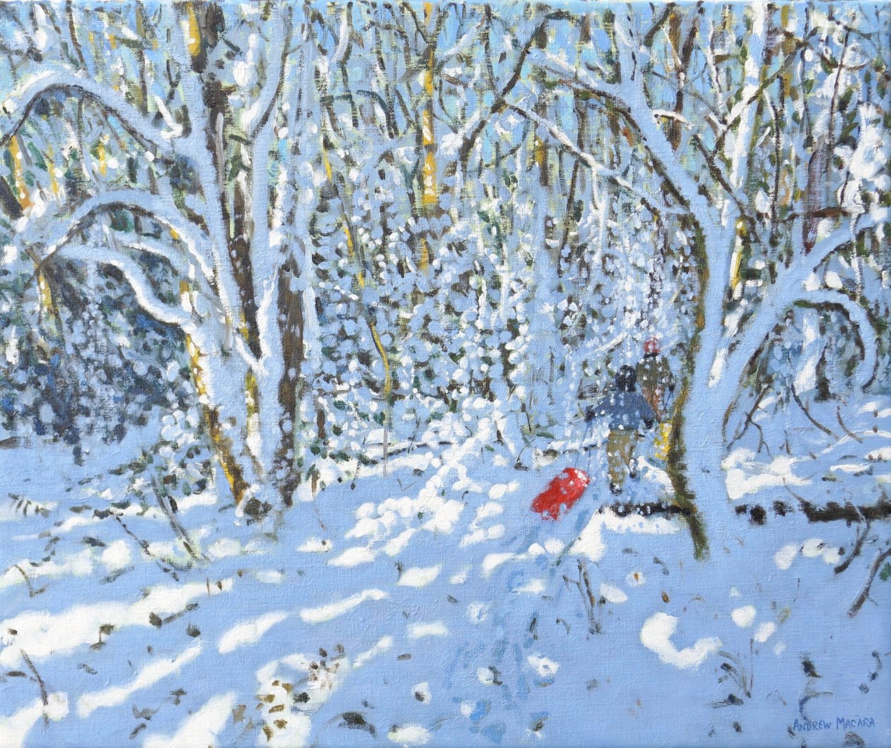 Rød slæde, Allestree Park, Derby, 2022 (olie på lærred) af Andrew Macara