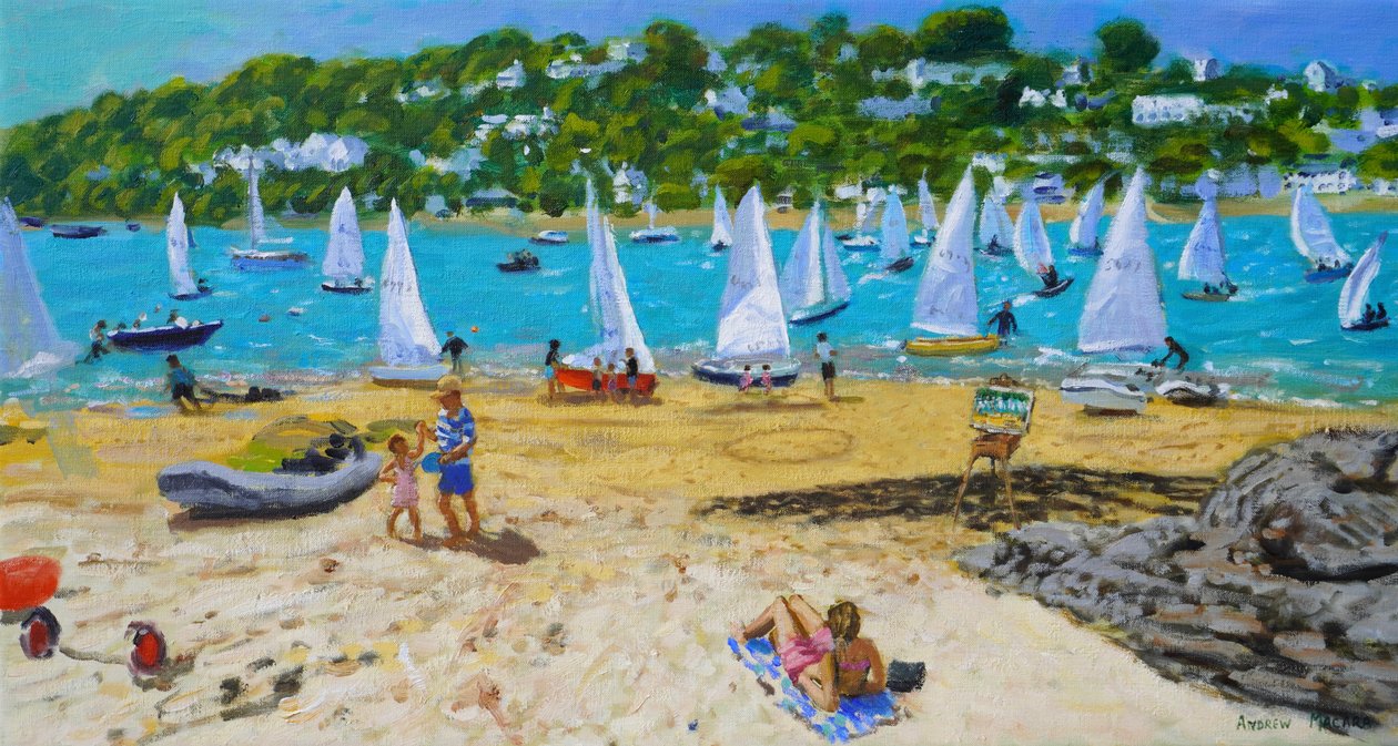 Salcombe Regatta og kunstnerstaffeli, 2023 (olie på lærred) af Andrew Macara