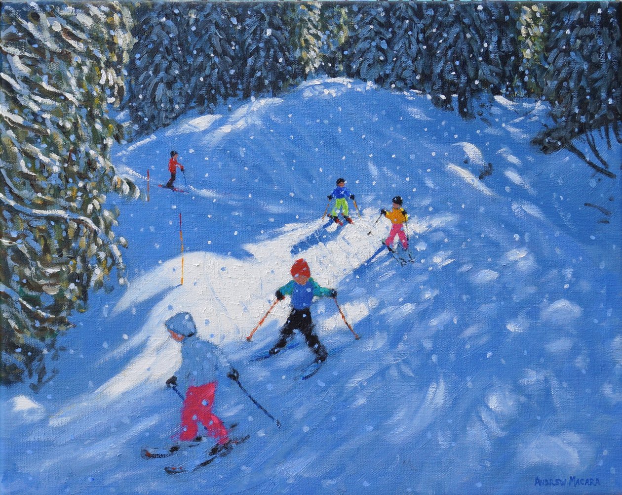 Skiskole. Samoens, Grand Massif, Frankrig, 2021 (olie på lærred) af Andrew Macara